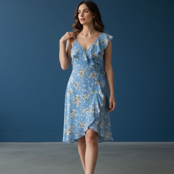 🆕 Blue Floral Wrap Dress Med Lg - Picture 2 of 11